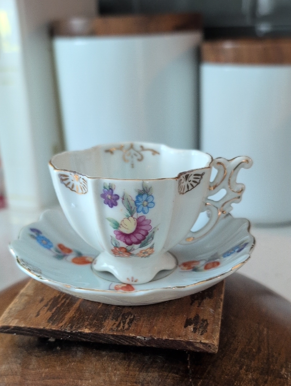 Vintage Trimont Japan Floral Gold-Trim Porcelain Demitasse Teacup & Saucer